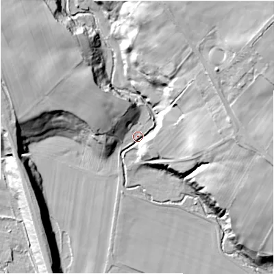 Shaded relief map of the ground around DL158AY, computed from Environment Agency LiDAR. The ground here sits at about 84 m above sea level and falls 50 m across the surrounding 800 m. Surface water reaching this point runs off ground lying to the north-east, 46.5 m higher.