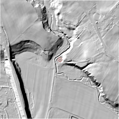 Shaded relief map of the ground around DL158AZ, computed from Environment Agency LiDAR. The ground here sits at about 84 m above sea level and falls 49 m across the surrounding 800 m. Surface water reaching this point runs off ground lying to the north-east, 44.5 m higher.