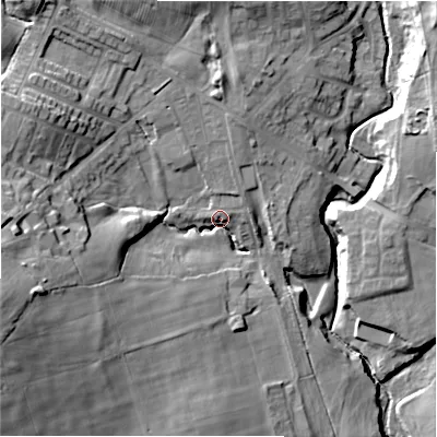 Shaded relief map of the ground around DL158BF, computed from Environment Agency LiDAR. The ground here sits at about 113 m above sea level and falls 40 m across the surrounding 800 m. Surface water reaching this point runs off ground lying to the west-south-west, 32.3 m higher.