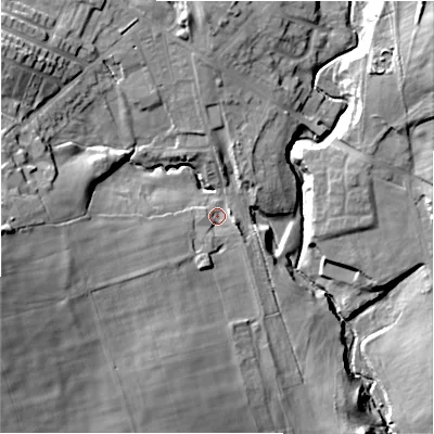 Shaded relief map of the ground around DL158BG, computed from Environment Agency LiDAR. The ground here sits at about 111 m above sea level and falls 37 m across the surrounding 800 m. Surface water reaching this point runs off ground lying to the west-south-west, 26.9 m higher.