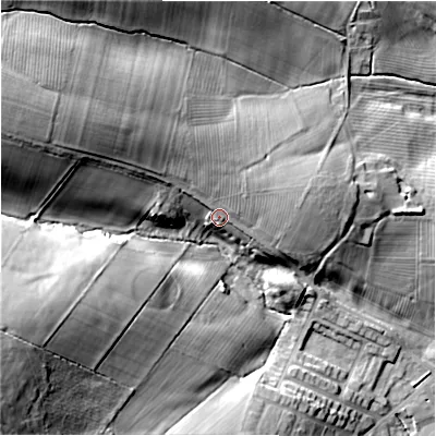 Shaded relief map of the ground around DL158BH, computed from Environment Agency LiDAR. The ground here sits at about 133 m above sea level and falls 39 m across the surrounding 800 m. Surface water reaching this point runs off ground lying to the north-north-west, 10.5 m higher.