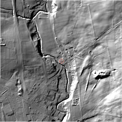 Shaded relief map of the ground around DL158EJ, computed from Environment Agency LiDAR. The ground here sits at about 114 m above sea level and falls 55 m across the surrounding 800 m. Surface water reaching this point runs off ground lying to the north-east, 50.3 m higher.