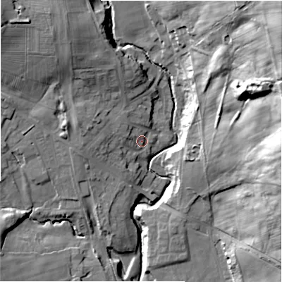 Shaded relief map of the ground around DL158FB, computed from Environment Agency LiDAR. The ground here sits at about 112 m above sea level and falls 46 m across the surrounding 800 m. Surface water reaching this point runs off ground lying to the west-north-west, 8.3 m higher.