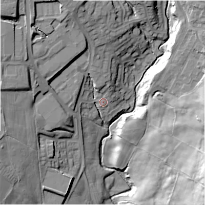 Shaded relief map of the ground around DL158GA, computed from Environment Agency LiDAR. The ground here sits at about 131 m above sea level and falls 37 m across the surrounding 800 m. Surface water reaching this point runs off ground lying to the north-north-west, 6.1 m higher.