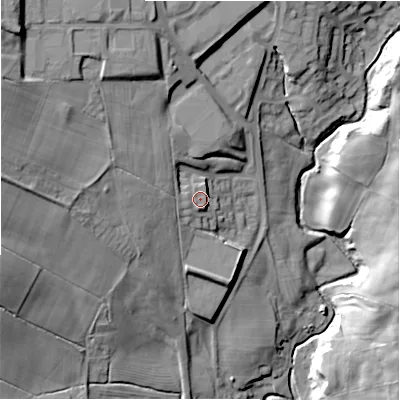 Shaded relief map of the ground around DL158HG, computed from Environment Agency LiDAR. The ground here sits at about 135 m above sea level and falls 38 m across the surrounding 800 m. Surface water reaching this point runs off ground lying to the south-west, 3.6 m higher.