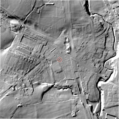 Shaded relief map of the ground around DL158HJ, computed from Environment Agency LiDAR. The ground here sits at about 116 m above sea level and falls 42 m across the surrounding 800 m. Surface water reaching this point runs off ground lying to the north-north-west, 20.4 m higher.