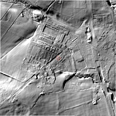 Shaded relief map of the ground around DL158HL, computed from Environment Agency LiDAR. The ground here sits at about 118 m above sea level and falls 51 m across the surrounding 800 m. Surface water reaching this point runs off ground lying to the south-west, 36.2 m higher.