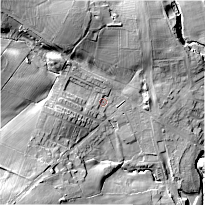 Shaded relief map of the ground around DL158HS, computed from Environment Agency LiDAR. The ground here sits at about 118 m above sea level and falls 45 m across the surrounding 800 m. Surface water reaching this point runs off ground lying to the north-west, 20.9 m higher.