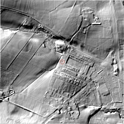 Shaded relief map of the ground around DL158JA, computed from Environment Agency LiDAR. The ground here sits at about 122 m above sea level and falls 44 m across the surrounding 800 m. Surface water reaching this point runs off ground lying to the west, 23.2 m higher.