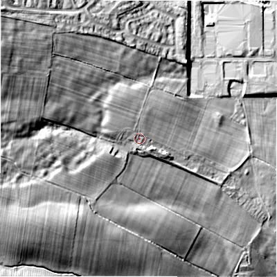 Shaded relief map of the ground around DL158JE, computed from Environment Agency LiDAR. The ground here sits at about 155 m above sea level and falls 54 m across the surrounding 800 m. Surface water reaching this point runs off ground lying to the north-west, 5.7 m higher.