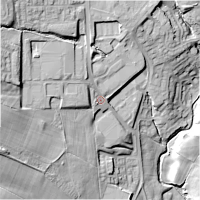 Shaded relief map of the ground around DL158JF, computed from Environment Agency LiDAR. The ground here sits at about 141 m above sea level and falls 38 m across the surrounding 800 m. Surface water reaching this point runs off ground lying to the north-west, 19.2 m higher.