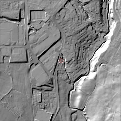 Shaded relief map of the ground around DL158JH, computed from Environment Agency LiDAR. The ground here sits at about 133 m above sea level and falls 33 m across the surrounding 800 m. Surface water reaching this point runs off ground lying to the north-north-west, 17.5 m higher.