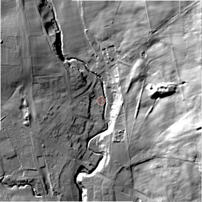 Shaded relief map of the ground around DL158JR, computed from Environment Agency LiDAR. The ground here sits at about 111 m above sea level and falls 55 m across the surrounding 800 m. Surface water reaching this point runs off ground lying to the north-east, 49.8 m higher.