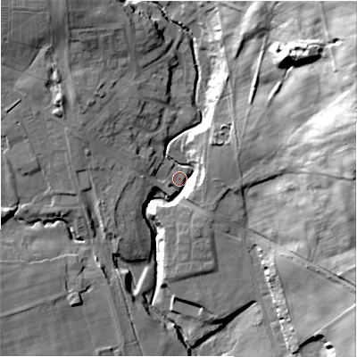 Shaded relief map of the ground around DL158JS, computed from Environment Agency LiDAR. The ground here sits at about 109 m above sea level and falls 51 m across the surrounding 800 m. Surface water reaching this point runs off ground lying to the north-east, 46.0 m higher.