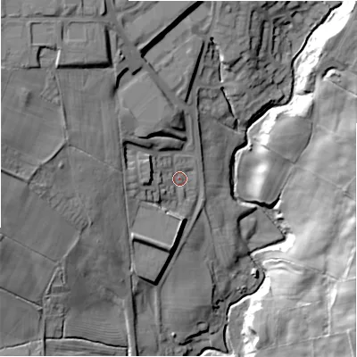 Shaded relief map of the ground around DL158JY, computed from Environment Agency LiDAR. The ground here sits at about 130 m above sea level and falls 33 m across the surrounding 800 m. Surface water reaching this point runs off ground lying to the west-north-west, 8.7 m higher.