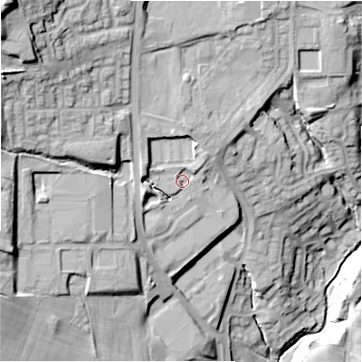 Shaded relief map of the ground around DL158JZ, computed from Environment Agency LiDAR. The ground here sits at about 143 m above sea level and falls 45 m across the surrounding 800 m. Surface water reaching this point runs off ground lying to the north-north-west, 7.5 m higher.
