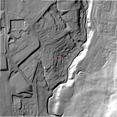 Shaded relief map of the ground around DL158LD, computed from Environment Agency LiDAR. The ground here sits at about 132 m above sea level and falls 47 m across the surrounding 800 m. Surface water reaching this point runs off ground lying to the north-north-west, 17.7 m higher.