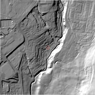 Shaded relief map of the ground around DL158LT, computed from Environment Agency LiDAR. The ground here sits at about 128 m above sea level and falls 54 m across the surrounding 800 m. Surface water reaching this point runs off ground lying to the north-west, 13.4 m higher.