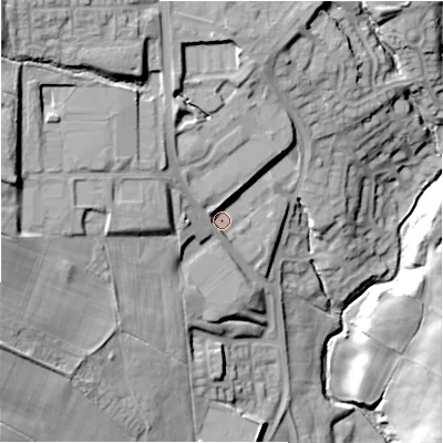 Shaded relief map of the ground around DL158RA, computed from Environment Agency LiDAR. The ground here sits at about 137 m above sea level and falls 36 m across the surrounding 800 m. Surface water reaching this point runs off ground lying to the north-west, 20.4 m higher.