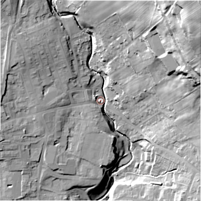 Shaded relief map of the ground around DL159BH, computed from Environment Agency LiDAR. The ground here sits at about 147 m above sea level and falls 70 m across the surrounding 800 m. Surface water reaching this point runs off ground lying to the north-east, 61.9 m higher.
