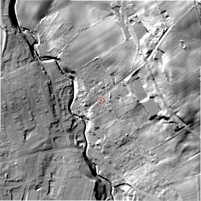 Shaded relief map of the ground around DL159DN, computed from Environment Agency LiDAR. The ground here sits at about 157 m above sea level and falls 83 m across the surrounding 800 m. Surface water reaching this point runs off ground lying to the north-east, 65.7 m higher.