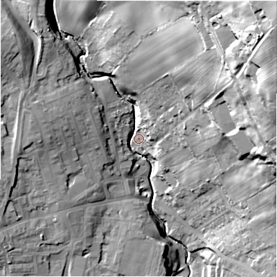 Shaded relief map of the ground around DL159DW, computed from Environment Agency LiDAR. The ground here sits at about 148 m above sea level and falls 71 m across the surrounding 800 m. Surface water reaching this point runs off ground lying to the north-east, 65.1 m higher.
