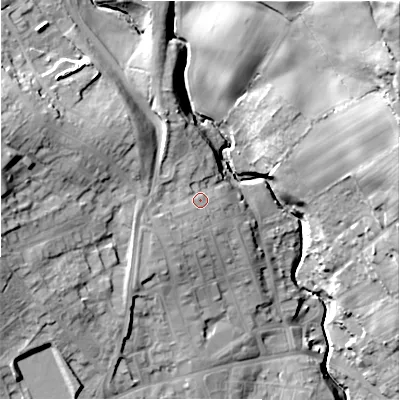 Shaded relief map of the ground around DL159DZ, computed from Environment Agency LiDAR. The ground here sits at about 159 m above sea level and falls 52 m across the surrounding 800 m. Surface water reaching this point runs off ground lying to the west, 4.4 m higher.
