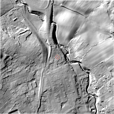 Shaded relief map of the ground around DL159ER, computed from Environment Agency LiDAR. The ground here sits at about 159 m above sea level and falls 55 m across the surrounding 800 m. Surface water reaching this point runs off ground lying to the north-west, 3.4 m higher.