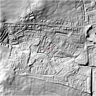 Shaded relief map of the ground around DL159TW, computed from Environment Agency LiDAR. The ground here sits at about 170 m above sea level and falls 56 m across the surrounding 800 m. Surface water reaching this point runs off ground lying to the north-west, 6.8 m higher.