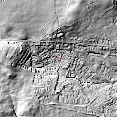 Shaded relief map of the ground around DL159UT, computed from Environment Agency LiDAR. The ground here sits at about 178 m above sea level and falls 53 m across the surrounding 800 m. Surface water reaching this point runs off ground lying to the north-north-west, 12.4 m higher.