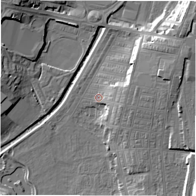 Shaded relief map of the ground around DL15DF, computed from Environment Agency LiDAR. The ground here sits at about 38 m above sea level and falls 16 m across the surrounding 800 m. Surface water reaching this point runs off ground lying to the east, 8.7 m higher.