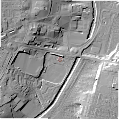 Shaded relief map of the ground around DL15JA, computed from Environment Agency LiDAR. The ground here sits at about 37 m above sea level and falls 19 m across the surrounding 800 m. Surface water reaching this point runs off ground lying to the west-north-west, 16.5 m higher.
