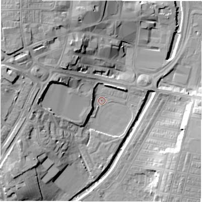Shaded relief map of the ground around DL15JD, computed from Environment Agency LiDAR. The ground here sits at about 37 m above sea level and falls 20 m across the surrounding 800 m. Surface water reaching this point runs off ground lying to the west-north-west, 16.6 m higher.