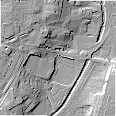 Shaded relief map of the ground around DL15JE, computed from Environment Agency LiDAR. The ground here sits at about 37 m above sea level and falls 20 m across the surrounding 800 m. Surface water reaching this point runs off ground lying to the west-north-west, 16.6 m higher.