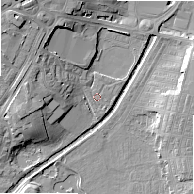 Shaded relief map of the ground around DL15JP, computed from Environment Agency LiDAR. The ground here sits at about 38 m above sea level and falls 19 m across the surrounding 800 m. Surface water reaching this point runs off ground lying to the north-west, 0.9 m higher.