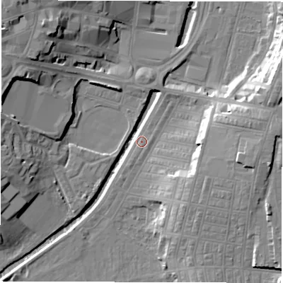 Shaded relief map of the ground around DL15JR, computed from Environment Agency LiDAR. The ground here sits at about 38 m above sea level and falls 17 m across the surrounding 800 m. Surface water reaching this point runs off ground lying to the north-north-east, 4.8 m higher.