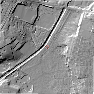 Shaded relief map of the ground around DL15JS, computed from Environment Agency LiDAR. The ground here sits at about 37 m above sea level and falls 18 m across the surrounding 800 m. Surface water reaching this point runs off ground lying to the south-west, 3.0 m higher.