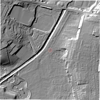 Shaded relief map of the ground around DL15JU, computed from Environment Agency LiDAR. The ground here sits at about 37 m above sea level and falls 17 m across the surrounding 800 m. Surface water reaching this point runs off ground lying to the east-north-east, 9.8 m higher.