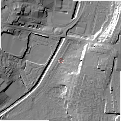 Shaded relief map of the ground around DL15JX, computed from Environment Agency LiDAR. The ground here sits at about 38 m above sea level and falls 17 m across the surrounding 800 m. Surface water reaching this point runs off ground lying to the east-south-east, 9.2 m higher.