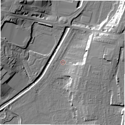 Shaded relief map of the ground around DL15JY, computed from Environment Agency LiDAR. The ground here sits at about 37 m above sea level and falls 17 m across the surrounding 800 m. Surface water reaching this point runs off ground lying to the east, 9.4 m higher.