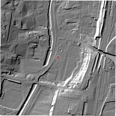 Shaded relief map of the ground around DL15LN, computed from Environment Agency LiDAR. The ground here sits at about 38 m above sea level and falls 18 m across the surrounding 800 m. The ground contributing surface water to this point lies to the west-south-west.