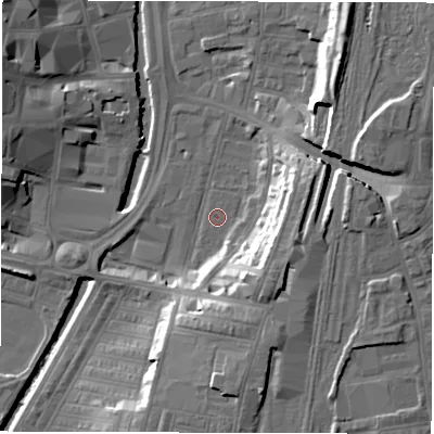 Shaded relief map of the ground around DL15LP, computed from Environment Agency LiDAR. The ground here sits at about 37 m above sea level and falls 18 m across the surrounding 800 m. Surface water reaching this point runs off ground lying to the south-east, 13.5 m higher.