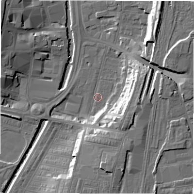 Shaded relief map of the ground around DL15LR, computed from Environment Agency LiDAR. The ground here sits at about 38 m above sea level and falls 18 m across the surrounding 800 m. Surface water reaching this point runs off ground lying to the south-east, 13.9 m higher.