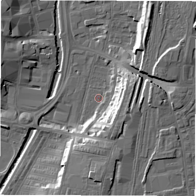 Shaded relief map of the ground around DL15LS, computed from Environment Agency LiDAR. The ground here sits at about 38 m above sea level and falls 18 m across the surrounding 800 m. Surface water reaching this point runs off ground lying to the south-south-east, 13.3 m higher.