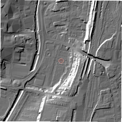 Shaded relief map of the ground around DL15LW, computed from Environment Agency LiDAR. The ground here sits at about 37 m above sea level and falls 18 m across the surrounding 800 m. Surface water reaching this point runs off ground lying to the south-south-east, 14.0 m higher.