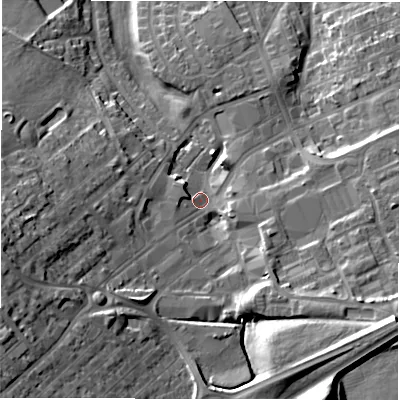 Shaded relief map of the ground around DL166AG, computed from Environment Agency LiDAR. The ground here sits at about 107 m above sea level and falls 27 m across the surrounding 800 m. Surface water reaching this point runs off ground lying to the south-west, 22.1 m higher.