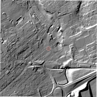 Shaded relief map of the ground around DL166DB, computed from Environment Agency LiDAR. The ground here sits at about 110 m above sea level and falls 30 m across the surrounding 800 m. Surface water reaching this point runs off ground lying to the west-south-west, 18.4 m higher.