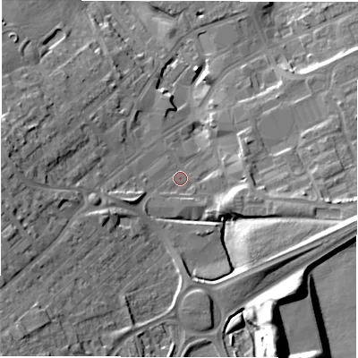 Shaded relief map of the ground around DL166DF, computed from Environment Agency LiDAR. The ground here sits at about 110 m above sea level and falls 30 m across the surrounding 800 m. Surface water reaching this point runs off ground lying to the west-south-west, 5.8 m higher.