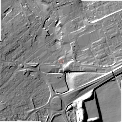Shaded relief map of the ground around DL166FB, computed from Environment Agency LiDAR. The ground here sits at about 110 m above sea level and falls 28 m across the surrounding 800 m. Surface water reaching this point runs off ground lying to the south-west, 22.2 m higher.