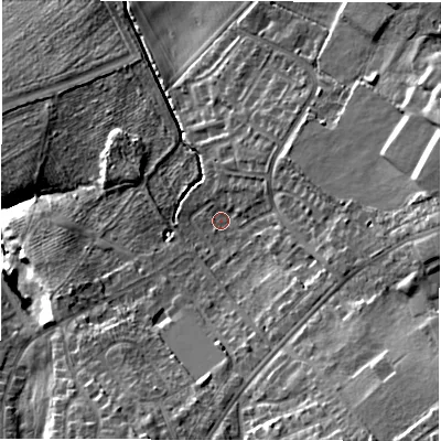Shaded relief map of the ground around DL166LT, computed from Environment Agency LiDAR. The ground here sits at about 94 m above sea level and falls 20 m across the surrounding 800 m. Surface water reaching this point runs off ground lying to the south-east, 13.7 m higher.